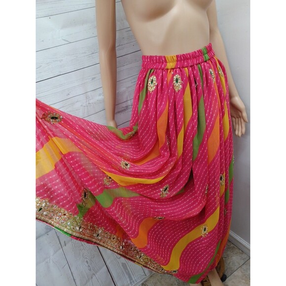 Lehenga Indian Pakistani Wedding Maxi Skirt Womens Pink Gold Polkodot XS - Picture 5 of 12
